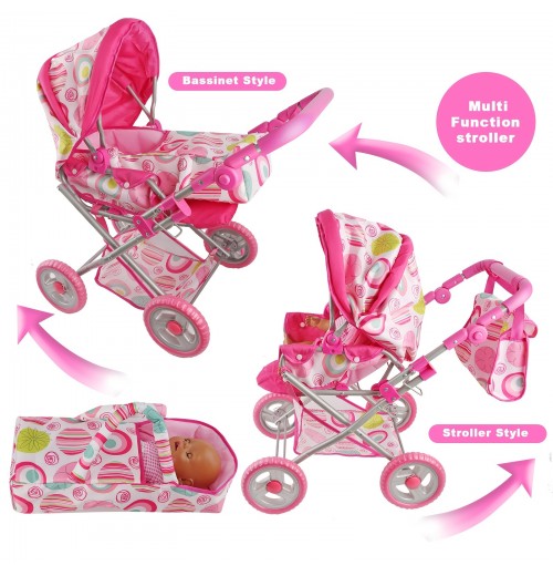 Baby Doll Stroller Set With 2 Free Doll Carriage Bags Fits Dolls Up To 18 Inches - The First Foldable Baby Pram Toy With Adjustable Handle And Canopy - Girls Birthday Gift Baby Doll Stroller Set With 2 Free Doll Carriage Bags Fits Dolls Up To 18 Inches - The First Foldable Baby Pram Toy With Adjustable Handle And Canopy - Girls Birthday Gift